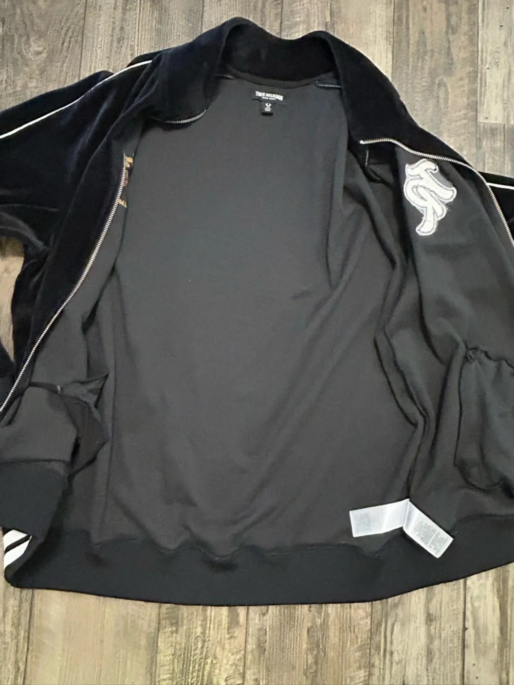True Religion Black Velour Zip Hoodie with Gold Embroidery